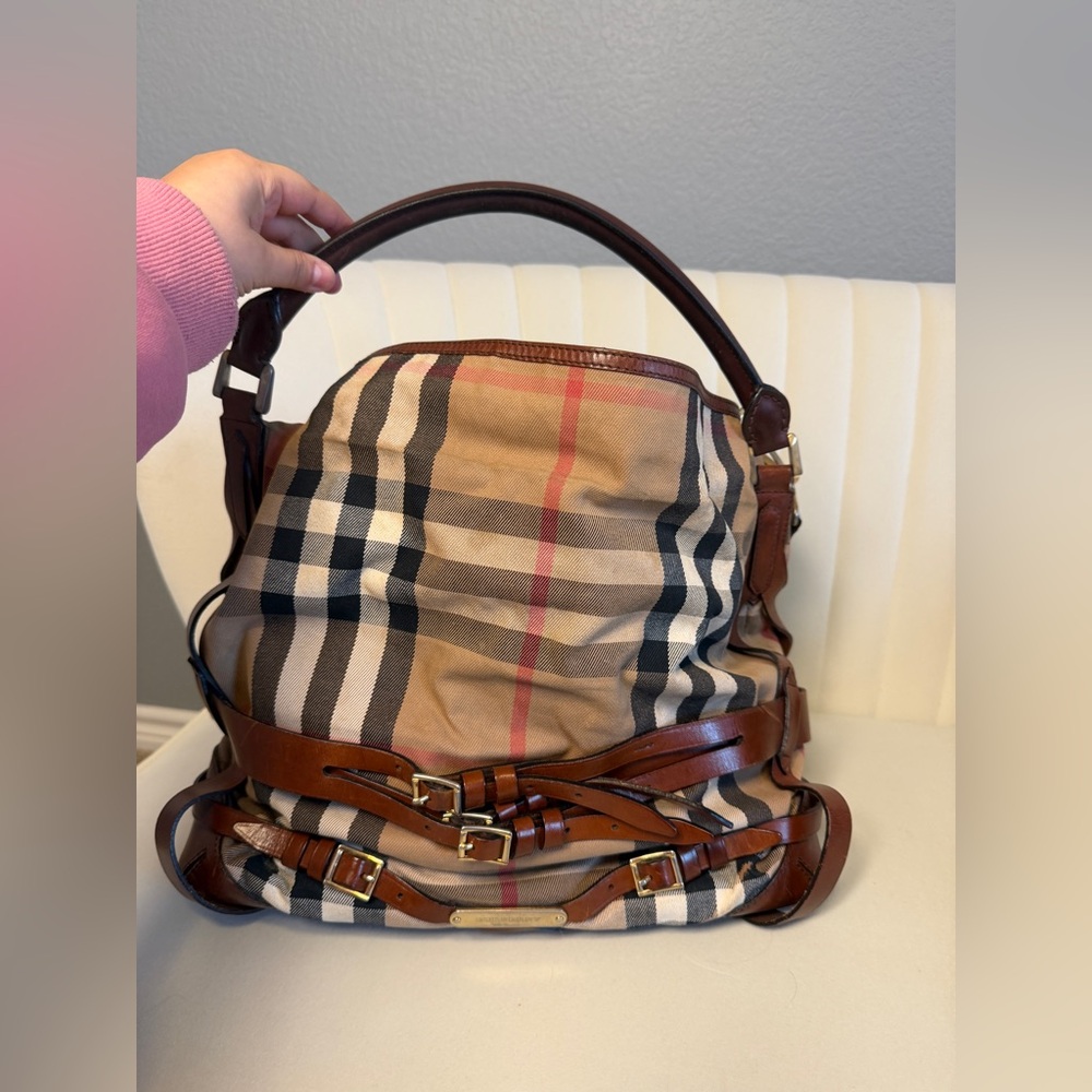 BURBERRY Canvas Shoulder Bag Brown Check Pattern Vintage Classic Logo Authentic